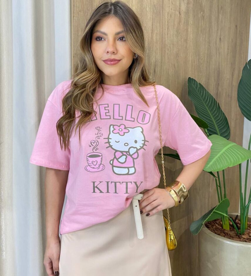 Max T-shirt Feminina Manga Curta Estampa Hello Rosa - Fernanda Ramos Store