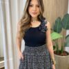 Regata Feminina Canelada Anne com Flores nas Alças Preta - Fernanda Ramos Store