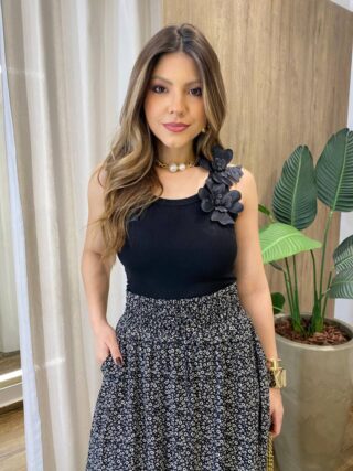 Regata Feminina Canelada Anne com Flores nas Alças Preta - Fernanda Ramos Store
