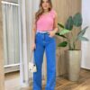 Regata Feminina Canelada Anne com Flores nas Alças Rosa - Fernanda Ramos Store