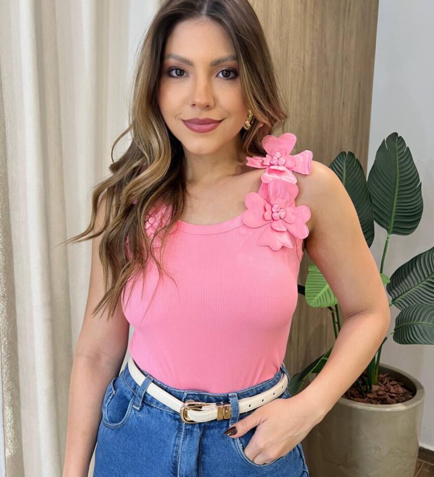 Regata Feminina Canelada Anne com Flores nas Alças Rosa - Fernanda Ramos Store