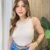 Regata Feminina Canelada Beca com Pedrarias na Gola Bege - Fernanda Ramos Store