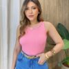 Regata Feminina Canelada Beca com Pedrarias na Gola Rosa - Fernanda Ramos Store