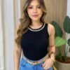 Regata Feminina Canelada Beca com Pedrarias na Gola Preta - Fernanda Ramos Store
