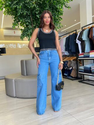 Regata Feminina Canelada Talia com Strass nas Alças Preta - Fernanda Ramos Store