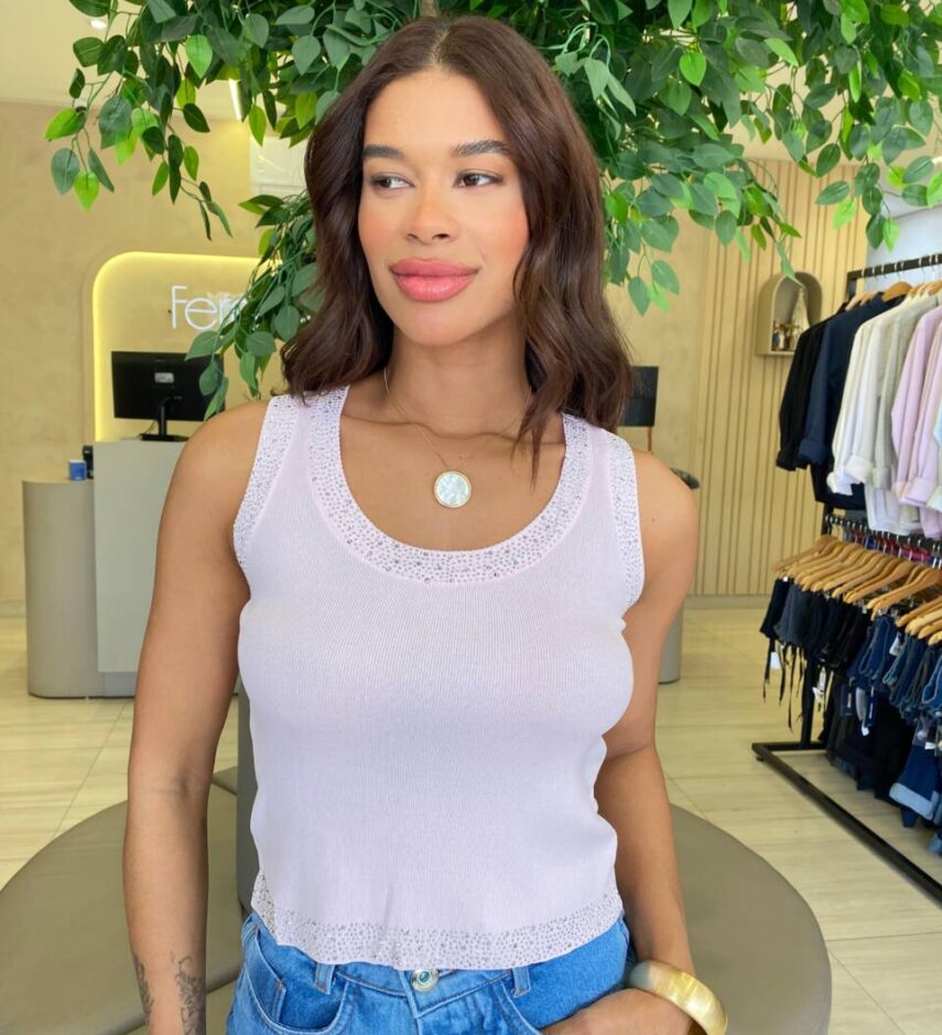 Regata Feminina Canelada Talia com Strass nas Alças Rosa - Fernanda Ramos Store