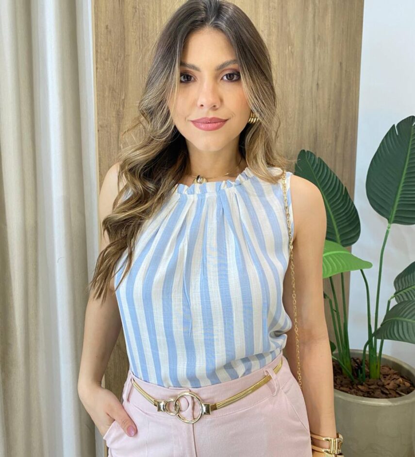 Regata Lis Feminina Viscolinho com Listras Azul - Fernanda Ramos Store