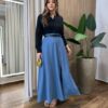 Saia Elis Longa Feminina com Bolsos e Ziper Azul - Fernanda Ramos Store