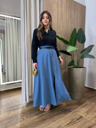 Saia Elis Longa Feminina com Bolsos e Ziper Azul - Fernanda Ramos Store