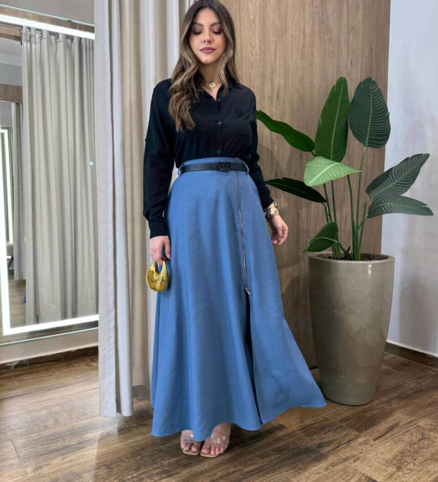 Saia Elis Longa Feminina com Bolsos e Ziper Azul - Fernanda Ramos Store