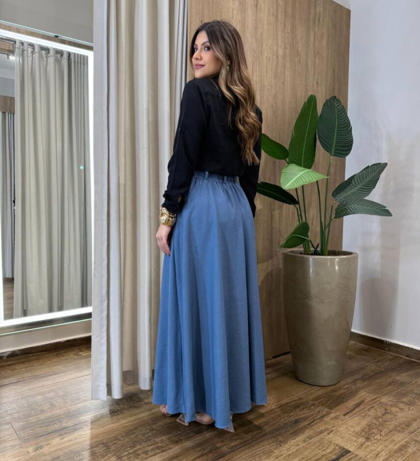 Saia Elis Longa Feminina com Bolsos e Ziper Azul - Fernanda Ramos Store