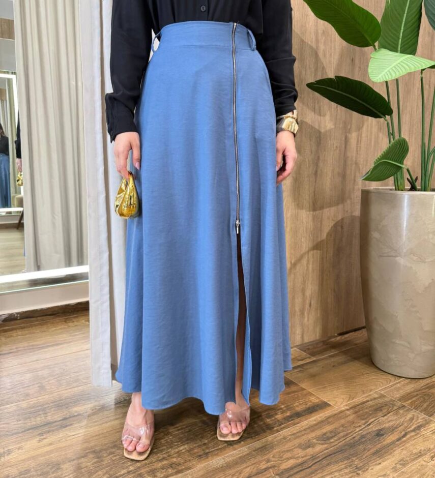 Saia Elis Longa Feminina com Bolsos e Ziper Azul - Fernanda Ramos Store