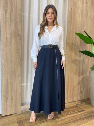 Saia Elis Longa Feminina com Bolsos e Ziper Preta - Fernanda Ramos Store