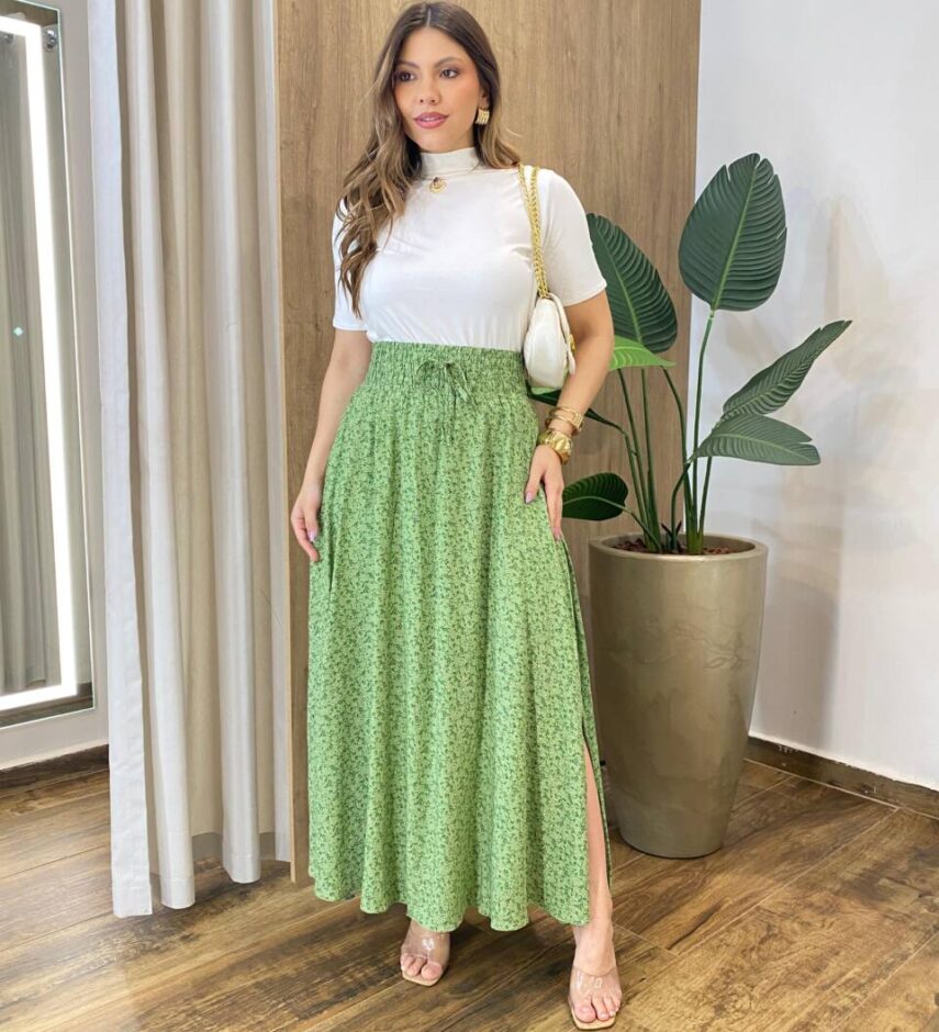 Saia Feminina Longa Luísa com Bolsos e Fenda Floral Verde - Fernanda Ramos Store