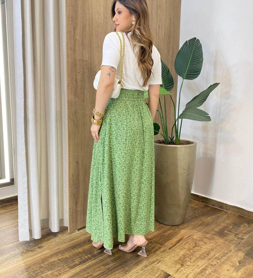 Saia Feminina Longa Luísa com Bolsos e Fenda Floral Verde - Fernanda Ramos Store