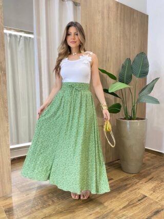 Saia Feminina Longa Luísa com Bolsos e Fenda Flores Verde - Fernanda Ramos Store