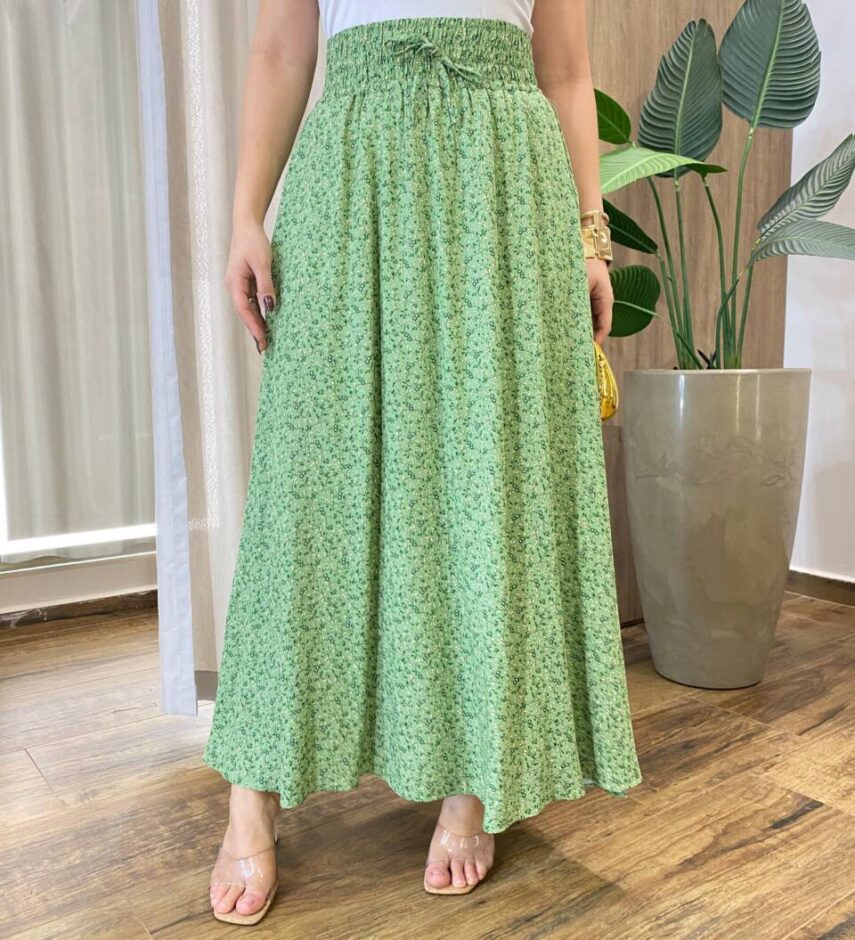 Saia Feminina Longa Luísa com Bolsos e Fenda Flores Verde - Fernanda Ramos Store