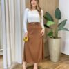 Saia Feminina Midi Bela em Cetim com Zíper Marrom - Fernanda Ramos Store