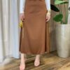 Saia Feminina Midi Bela em Cetim com Zíper Marrom - Fernanda Ramos Store