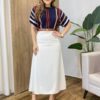 Saia Feminina Midi Bela em Cetim com Zíper Off White - Fernanda Ramos Store