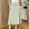 Saia Feminina Midi Bela em Cetim com Zíper Verde Oliva - Fernanda Ramos Store