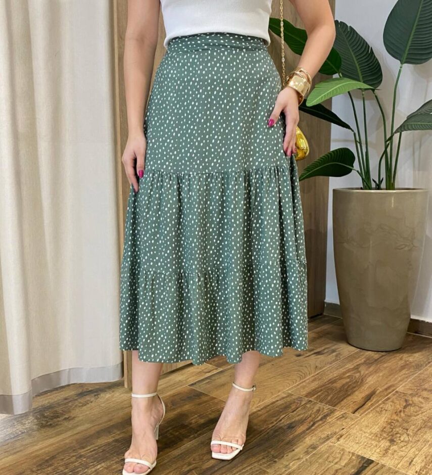 Saia Feminina Midi Dora com Bolinhas Verde - Fernanda Ramos Store
