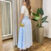 Saia Longa Feminina com Bolsos e Fenda com Listras Azul Bebê - Fernanda Ramos Store