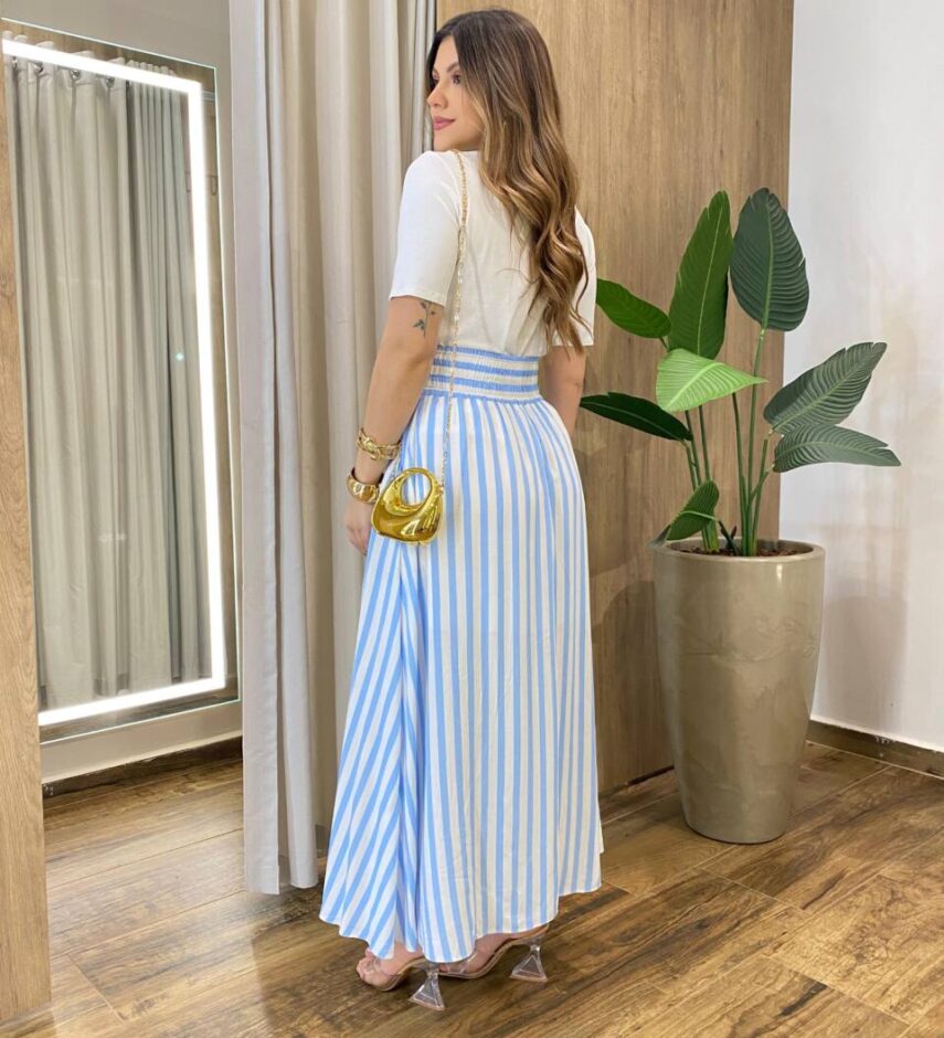 Saia Longa Feminina com Bolsos e Fenda com Listras Azul Bebê - Fernanda Ramos Store