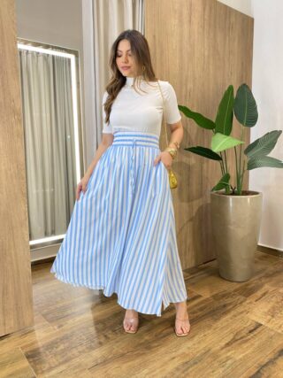 Saia Longa Feminina com Bolsos e Fenda com Listras Azul Bebê - Fernanda Ramos Store