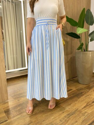 Saia Longa Feminina com Bolsos e Fenda com Listras Azul Bebê - Fernanda Ramos Store