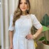 Vestido Feminino Ângela Midi Manga 3/4 Detalhe em Guipir Branco - Fernanda Ramos Store