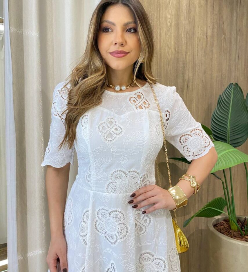 Vestido Feminino Ângela Midi Manga 3/4 Detalhe em Guipir Branco - Fernanda Ramos Store