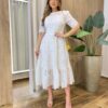 Vestido Feminino Ângela Midi Manga 3/4 Detalhe em Guipir Branco - Fernanda Ramos Store