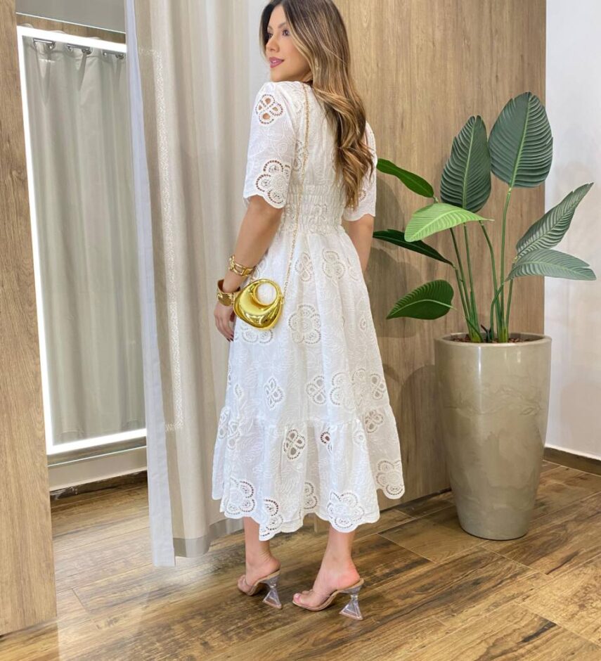Vestido Feminino Ângela Midi Manga 3/4 Detalhe em Guipir Branco - Fernanda Ramos Store