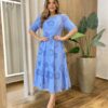 Vestido Feminino Ângela Midi Manga 3/4 Detalhe em Guipir Azul - Fernanda Ramos Store
