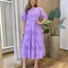 Vestido Feminino Ângela Midi Manga 3/4 Detalhe em Guipir Lilás - Fernanda Ramos Store