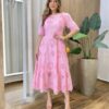 Vestido Feminino Ângela Midi Manga 3/4 Detalhe em Guipir Rosa - Fernanda Ramos Store