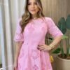 Vestido Feminino Ângela Midi Manga 3/4 Detalhe em Guipir Rosa - Fernanda Ramos Store