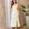 Vestido Feminino Dakota Midi sem Bojo Detalhes e Fenda Amarela - Fernanda Ramos Store