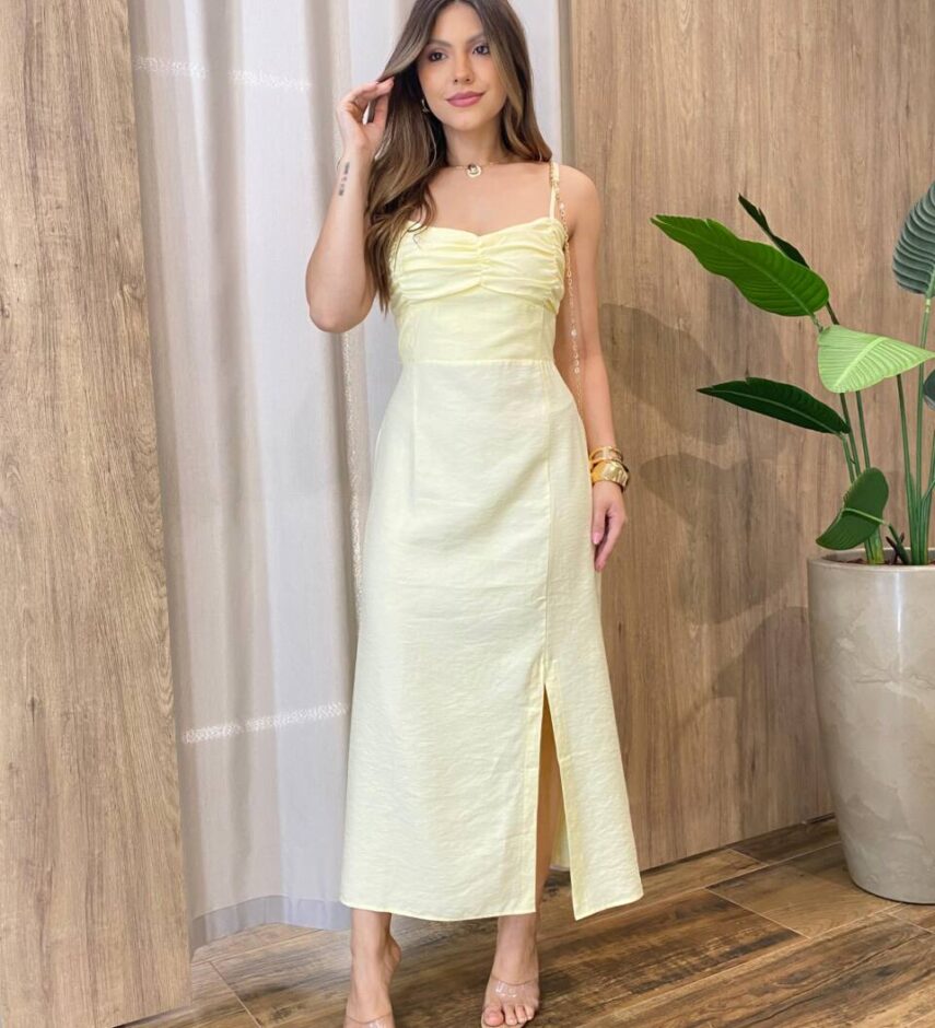 Vestido Feminino Dakota Midi sem Bojo Detalhes e Fenda Amarela - Fernanda Ramos Store