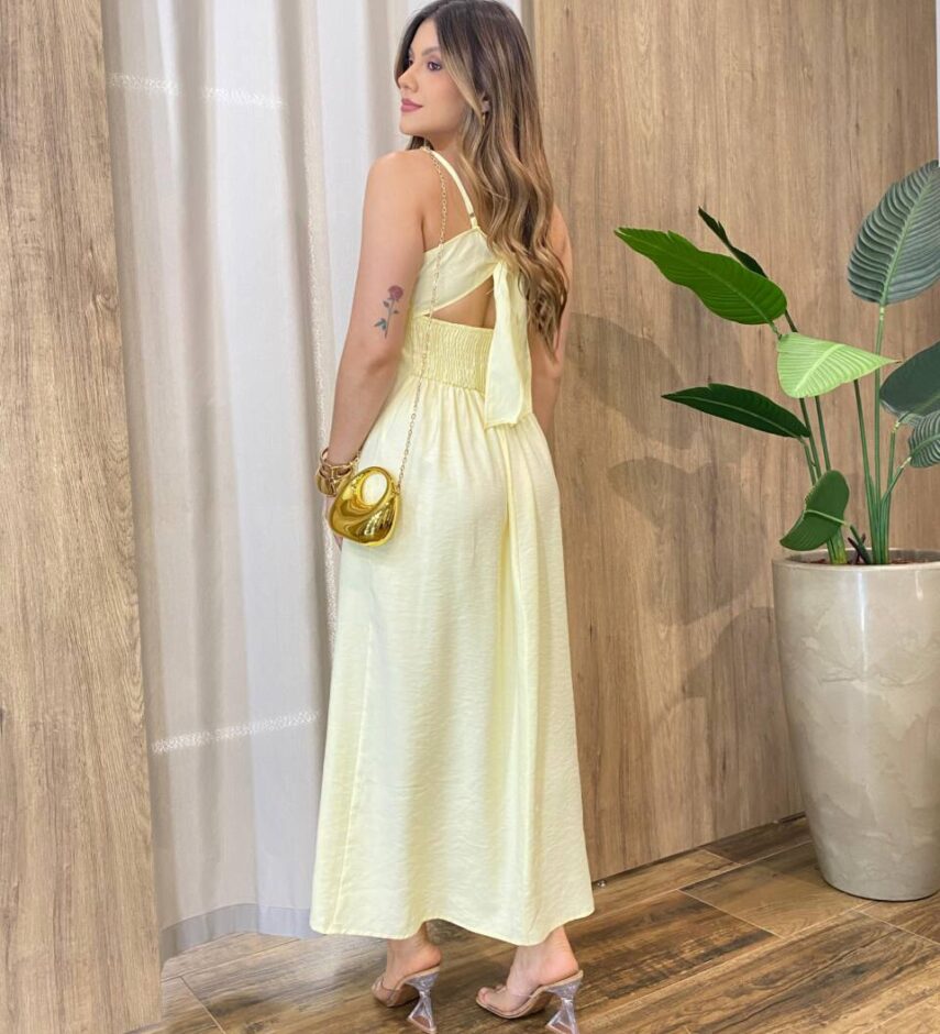 Vestido Feminino Dakota Midi sem Bojo Detalhes e Fenda Amarela - Fernanda Ramos Store