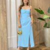 Vestido Feminino Dakota Midi sem Bojo Detalhes e Fenda Azul Claro - Fernanda Ramos Store