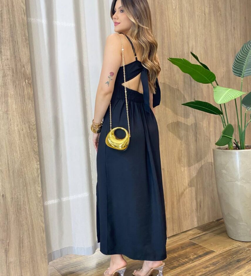 Vestido Feminino Dakota Midi sem Bojo Detalhes e Fenda Preto - Fernanda Ramos Store