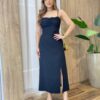 Vestido Feminino Dakota Midi sem Bojo Detalhes e Fenda Preto - Fernanda Ramos Store