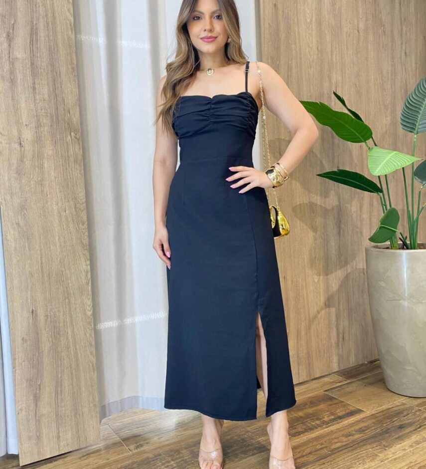 Vestido Feminino Dakota Midi sem Bojo Detalhes e Fenda Preto - Fernanda Ramos Store