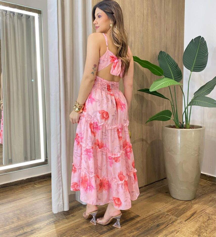 Vestido Feminino Floflo Midi Fundo Rosa - Fernanda Ramos Store