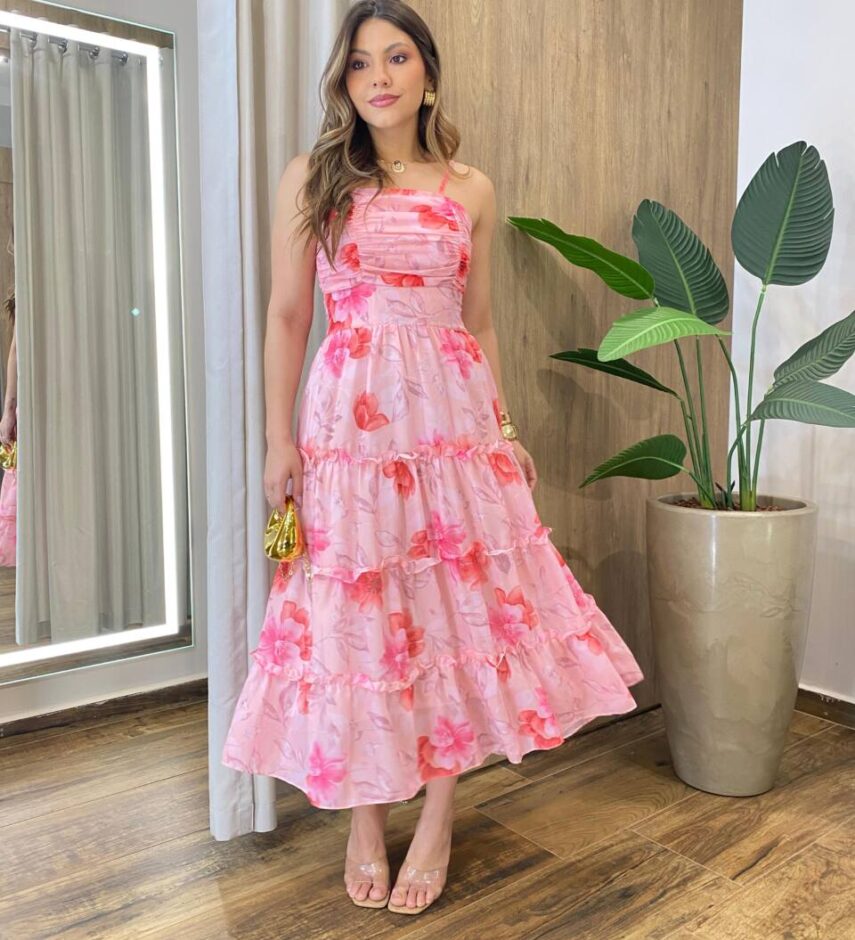 Vestido Feminino Floflo Midi Fundo Rosa - Fernanda Ramos Store