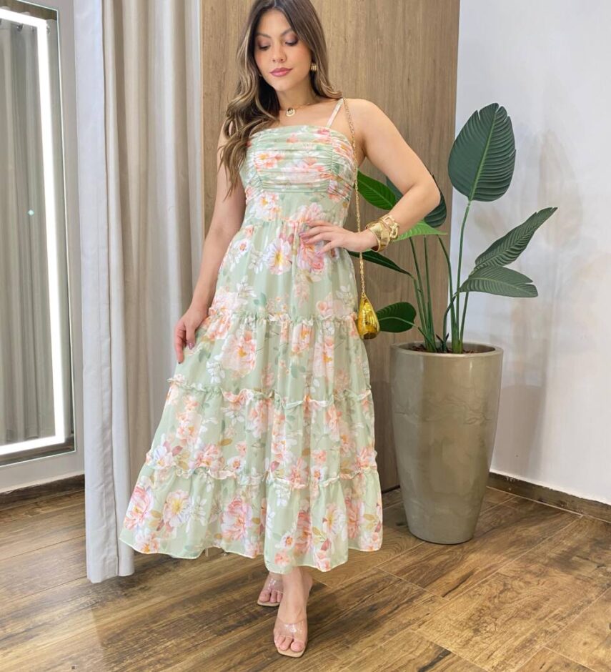 Vestido Feminino Floflo Midi Fundo Verde Menta - Fernanda Ramos Store