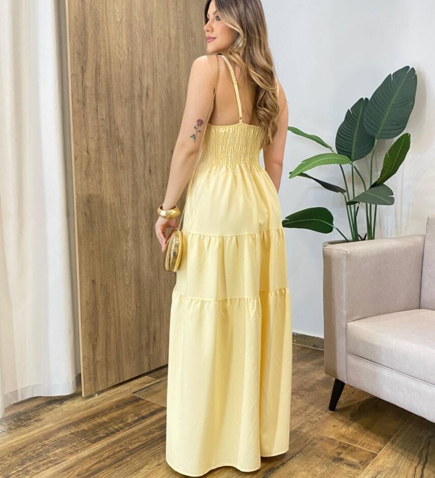 Vestido Feminino Longo Amanda com Bojo Alça Regulável Amarelo - Fernanda Ramos Store
