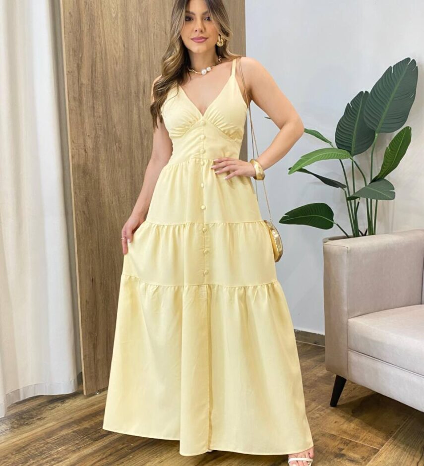 Vestido Feminino Longo Amanda com Bojo Alça Regulável Amarelo - Fernanda Ramos Store